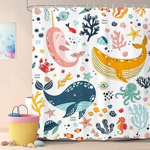 LGhtyro Kids Whale Shower Curtain Bathroom Sets 60Wx71H Inches Fish Ocean Sealife Underwater Coral Starfish Cute Cartoon Unisex Neutral Bath Accessories for Boys Girls Home Decor Fabric 12 Pack Hooks