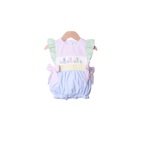 Smocked Seersucker Color Block Bunny Bow Bubble