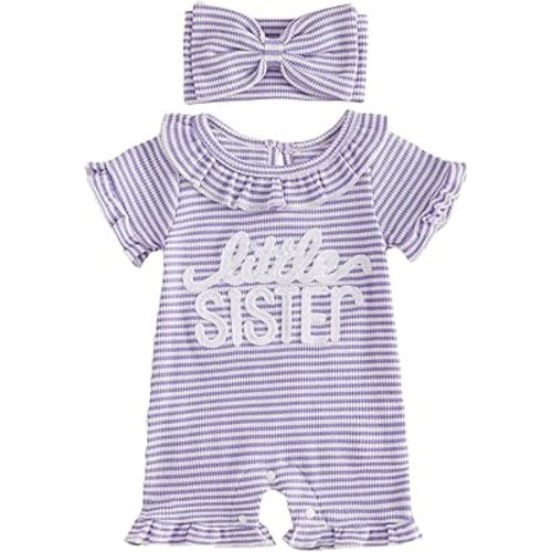 allshope Newborn Baby Girl Summer Outfit Romper Little Sister Lil Sis Embroidery Ruffle Collar Jumpsuit Infant Waffle Clothes