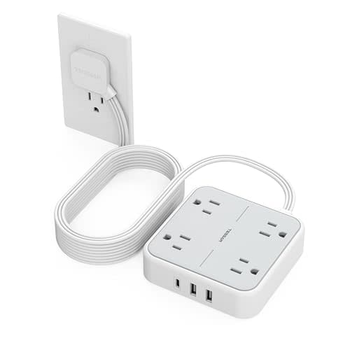 Surge Protector Flat Extension Cord 15Ft, TESSAN Flat Plug Power Strip with 4 Outlets 3 USB Ports (1 USB C), 900 Joules Protection, Multiple Wall Outlet Extender Suitable for Home Office Dorm, Grey