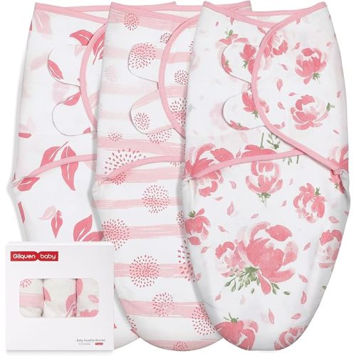 GLLQUEN Swaddles 0-3 Months - 3 Pack Baby Swaddles Sack for Newborn, Infant Sleep Sack, Easy Swaddling Wrap, A Pink Floral, Nursery Swaddle Blankets Essentials