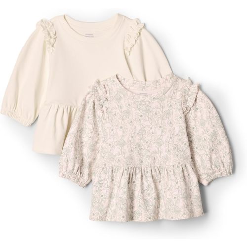 Amazon Essentials x Sofia Grainge Baby Girls' 3/4 Sleeve Knit Top, Pack of 2, Ivory/Sketch Floral, 0-3 Months