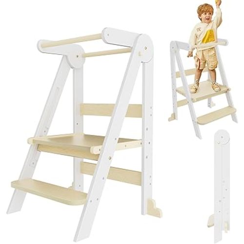 Nuturelly Torre para niños pequeños, taburete plegable para cocina, taburete de madera para niños con rieles de seguridad, edad de 18 meses a 6 años, color blanco