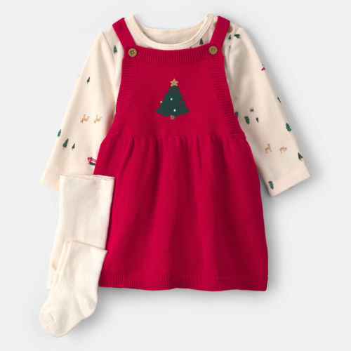 Baby Girl 3-Piece Christmas Tree Long-Sleeve Sweater Dress Set - Red/Cream | Carter’s Oshkosh Canada