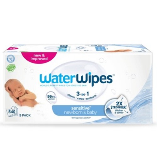 WaterWipes Sensitive+ Newborn & Baby Wipes, 3-In-1 Cleans, Cares, Protects, 99.9% Water, Unscented & Hypoallergenic - 540ct