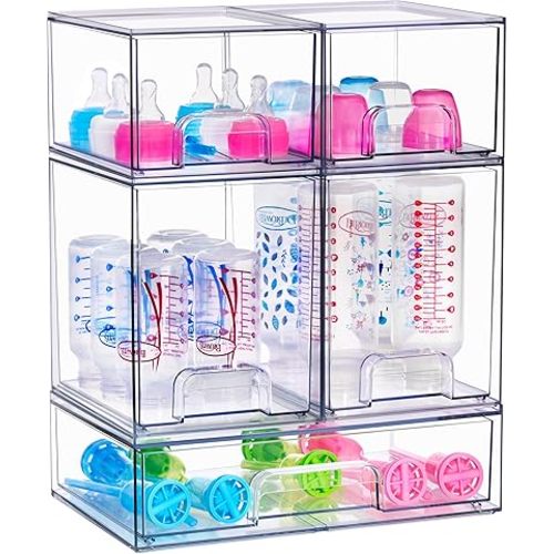 Sorbus Stackable Acrylic Storage Drawers – 2 Small + 2 Tall + 1 Wide – 5 Pack Clear Plastic Organizer Bins for Baby Bottles, Makeup, Bathroom & Vanity, Pull-Out Drawer Design for Kitchen Cabinets