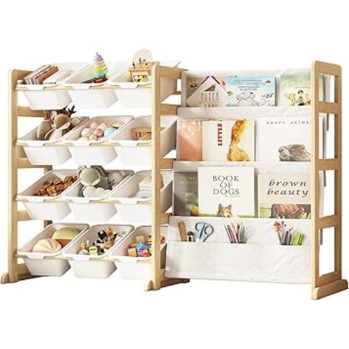 Toy Storage Organizer with Bookshelf - 12 Storage Bins 4-Tier Multipurpose Shelf to Organize Toys and Books for Kids Room, Playroom, Nursery Room, White