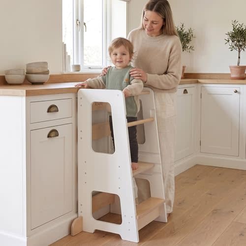 Wooden Toddler Tower, 3 Heights, Standing Tower & Kitchen Helper | Anti-tip design with removable safety rail & non-slip steps, reach the sink, counter or bathroom safely, for toddlers 18m-6yr