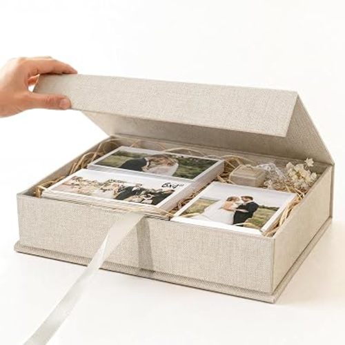 Photo Storage Box 8x10, Linen Photo Box, Memory Box to Store Photos, Certificates, Scrapbooking Supplies, Keepsakes and Jewelry, Connected Lid Stackable Household Organizer Box Beige