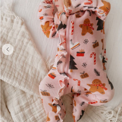 Organic Waffle Ruffle Zip Footie, Gingerbread Wonderland
