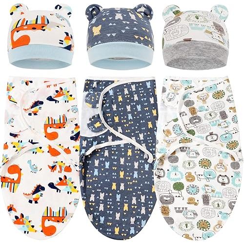 BQUBO 3 Pack Baby Swaddle Sleep Sacks Swaddle Blanket Newborn Swaddle Sack with Bear Ears Hat for Baby Boys Girls