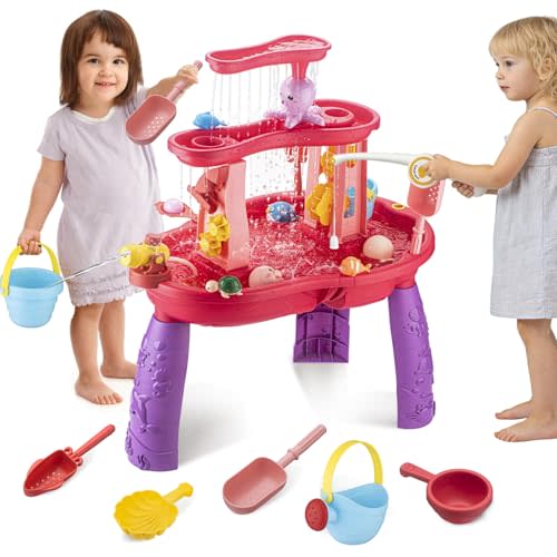 Water Table for Toddlers 3-5 Outdoor Toys for Kids Ages 4-8 3-Tier Kids Sand Water Table with Fishing Game Set Activity Sensory Table Summer Gift Beach Outside Toys for Toddler Girl