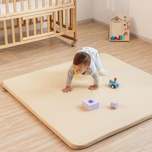 Vegan Leather Baby Play Mat for Floor, 50x50 Thick Foam Soft Padded Playpen Mat with Wipe-Clean and Waterproof Removable Cover for Babies and Toddlers Infants (Beige)