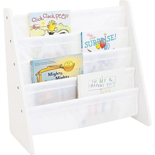 Humble Crew 4-Tier Kids Bookshelf, White Wood/White - Premium Book Shelf for Kids Rooms with Four Deep Pockets - Toddler Sling Book Rack with Deep Sleeves, Nursery Bookcase Organizer