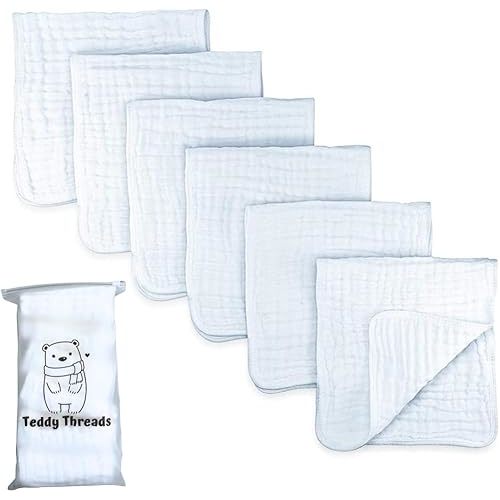 Organic Cotton Muslin Burp Cloths, Large 20"x10" 6-Pack, Soft Absorbent Newborn Essentials, White, No Dye