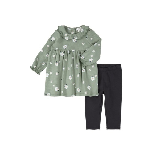 Daisy Print Long Sleeve Cotton Dress & Leggings Set