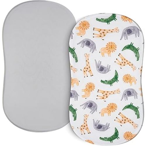 TILLYOU Baby Bassinet Sheets for Girls Boys 2 Pack Baby Sheets for Square Rectangle Oval Bassinet Mattress 33X16 Inch, African Steppe & Grey