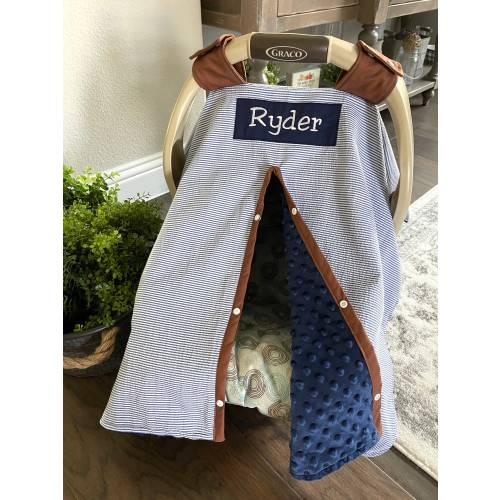 Baby Car Seat Cover - Navy Stripe Seersucker   - Baby Boy - Canopy Cover - baby Boy - Cotton Or minky - baby shower gift