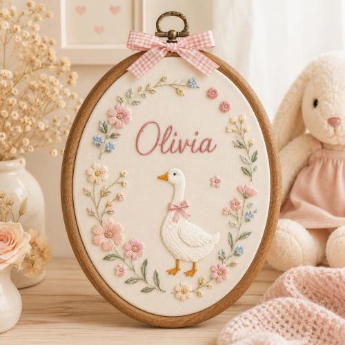 Personalized Goose Baby Name Embroidery Hoop, Custom Floral Nursery Wall Art, Farm Animal Name Sign, Newborn Baby Shower Gift for Girl Room