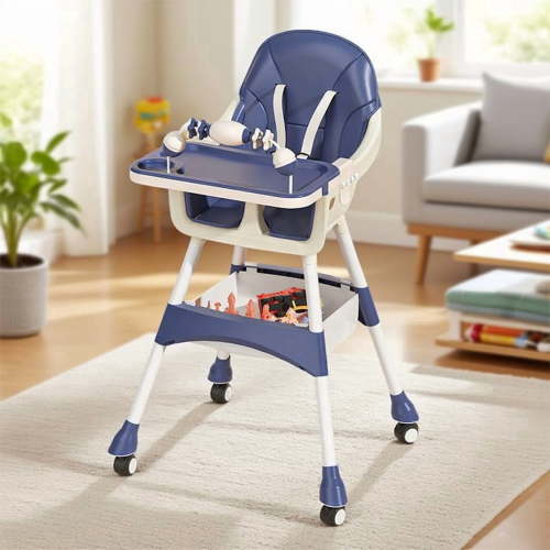 Portable Baby High Chair for Babies & Toddlers, Multi-Use Easy-Clean Feeding Chair with Lockable Wheels and Toy Storage Basket, Blue