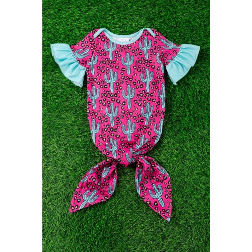 Baby Girls Newborn Knotted Gown Turquoise Pink Cactus Spotted Dessert Western