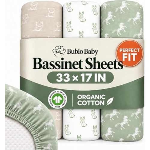 Organic Bassinet Sheets 3 Pack, 33x17 Fitted Sheet for Boys & Girls, Soft 100% Jersey Cotton, Universal Fit for Halo Bassinest, Baby Delight, Graco, Oval & Rectangle Mattress