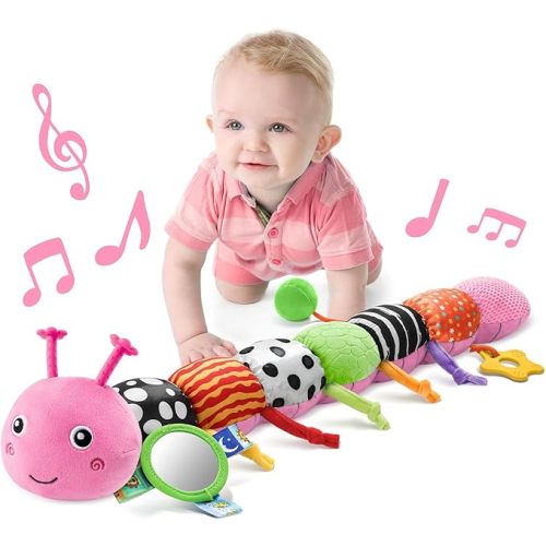 LIGHTDESIRE Baby Toys Musical Caterpillar,Infant Toys Stuffed Animals with Mirror,Ruler Design,Pull String&Rattles,Sensory Toy for Tummy Time Boy Girl Newborn Gifts 3 6 12 Months(Rose Pink,Knot Limb)