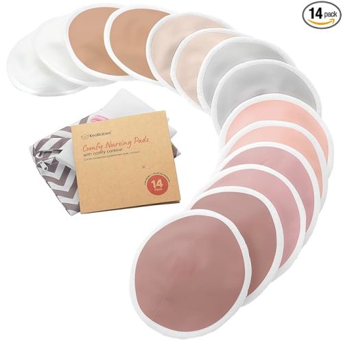 Organic Nursing Pads - 14 Washable Breast Pads for Breastfeeding, Wash Bag, Viscose Derived from Bamboo Reusable Nipple Covers for Breastfeeding Essentials, Soft & Absorbent (Lovelle, L 4.8")
