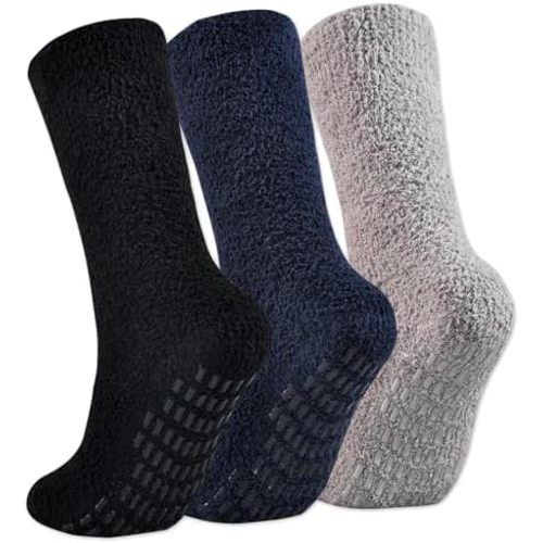 JORMATT 3 Pairs Ultra Thick Grip Fuzzy Socks Non Skid Slipper Hospital Socks Unisex