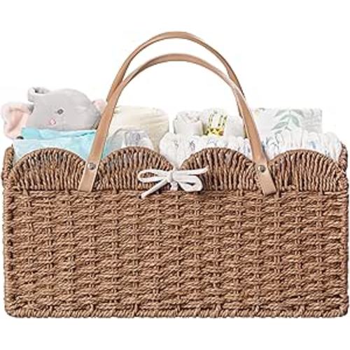 HBlife Large Baby Diaper Caddy, Paper Rope Storage Baskets Nursery Bin with Removable Divider, Portable Car Organizer for Diapers, Baby Shower Gifts, Newborn Essentials Must Haves