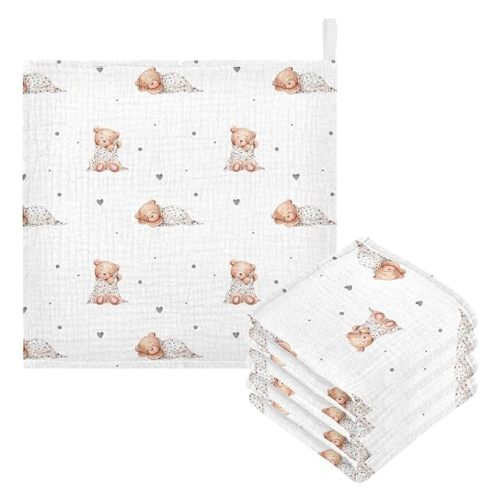 vvfelixl Baby Washcloths Cotton Cute Sleeping Teddy Bears Baby Muslin Washcloths Soft Baby Face Towel for Newborn Infants Baby Wipes, 11.8 X 11.8 inch, one sizex5
