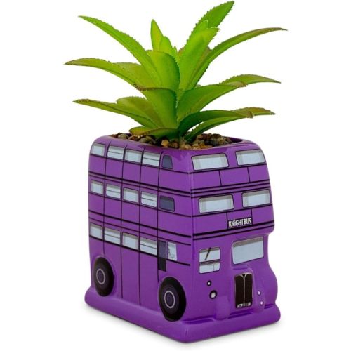 Harry Potter Knight Bus 3-Inch Ceramic Planter With Artificial Succulent | Small Flower Pot, Faux Indoor Plant For Desk Shelf, Trinket Tray | Cute Home Decor, Wizarding World Gifts and Collectibles
