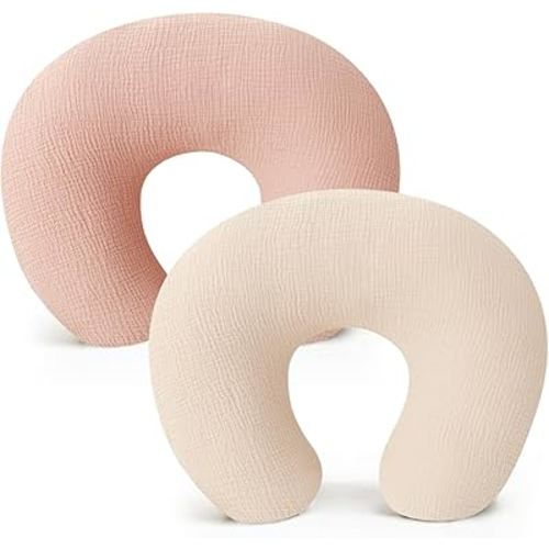 Konssy 2-Pack Muslin Nursing Pillow Covers, Soft & Adorable Nursing Covers for Breastfeeding Pillows, Slipcovers for Newborn Boys & Girls(Cream, Pink)