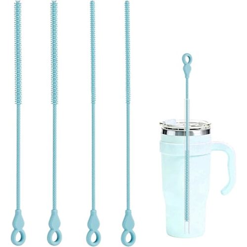 Silicone Straw Cleaner Brush, 4Pcs Reusable Straw Brush Set with Extra-Long Design for Cleaning Thin Metal Straws and Wider Milkshake Straws (6mm+9mm Blue)