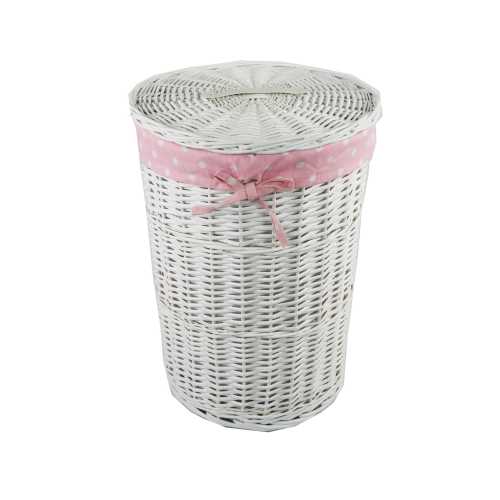 Wicker laundry basket, white with pink cover, round, 3 sizes