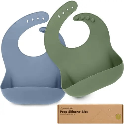 KeaBabies 2-Pack Silicone Baby Bibs for Eating - Sturdy Food-Grade Silicone Bibs for Babies Girl, Boy, Large Food Catcher, Clean & Put On Easily, Waterproof Toddler Feeding Essentials (Slate)