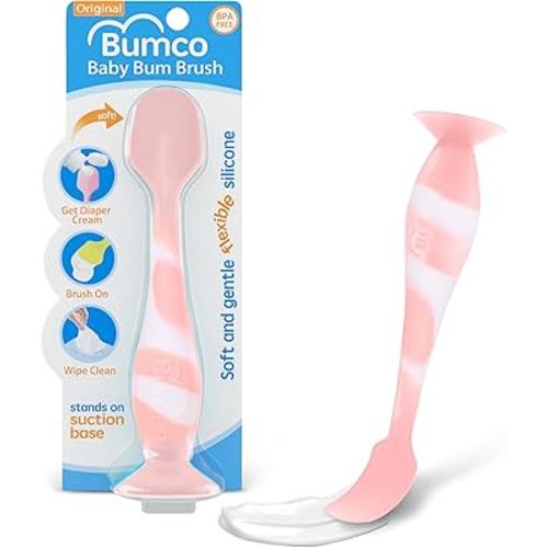 Bumco Baby Bum Brush - BPA-Free Diaper Cream Spatula with Suction Cup Base, Soft & Flexible Silicone, Wipe-Clean, Mom-Invented Diaper Bag Essentials (Light Pink Swirl)