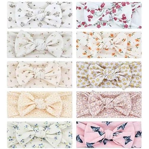 Cinaci 10 Pieces Soft Stretchy Floral Baby Girl Bow Headbands Headwraps Hair Bows Bands Accessories for Baby Girls Newborns Infants Toddlers