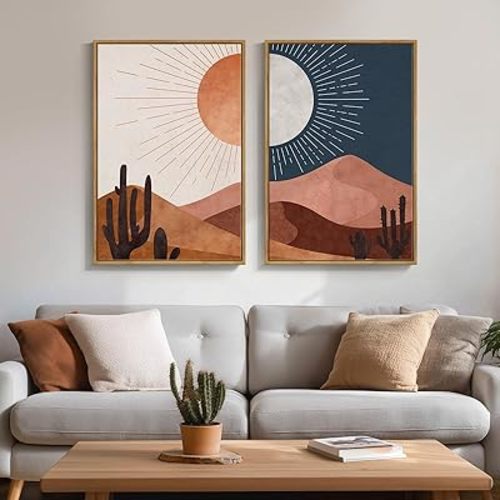 Framed Boho Desert Landscape Wall Art for Living Room, Mid Century Modern Set of 2 Painting Print Canvas Artwork for Walls, Large Bohemian Sun and Moon Cactus Wall Decor for Bedroom Office, 20x30 Inch