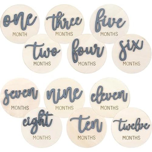 6 PCS Baby Monthly Milestone Cards, Double Sided Wooden 3D Milestone Cards Signs for Photos Announcement Sign 1-12 Months Photography Photo Newborn Keepsake Gift(Blue)