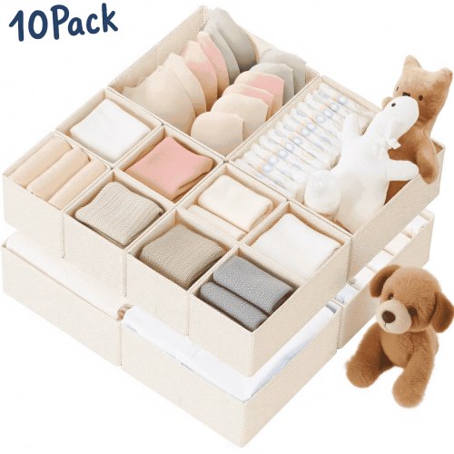 FAKYFJ Drawer Organizer Clothes – 10 Pack Foldable Fabric Storage Boxes, 3 Sizes for Underwear, Socks, Bras, Closet Drawer Organizer Bins for Clothing Storage
