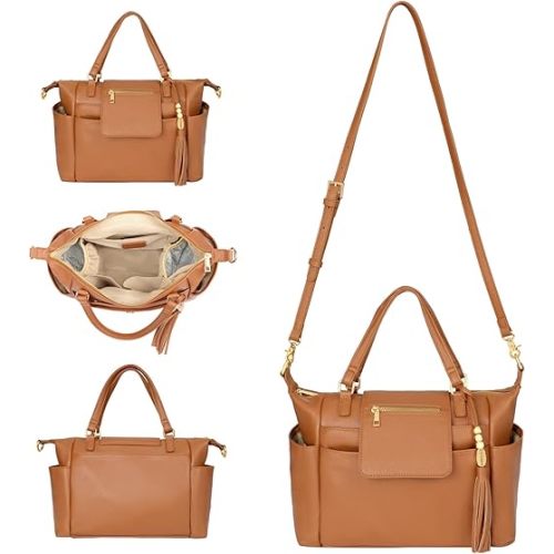 Small Diaper Bag,Mini Diaper Bag Tote, Leather Crossbody Diaper Bag Clutch with 12 Pocekts Diaper Bag Purses for Women Girls,Crossbody Strap,2 Insulated Pockets,Brown