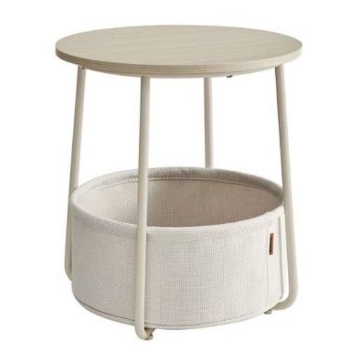 Small Round Side End Table, Modern Nightstand with Fabric Basket Cream White