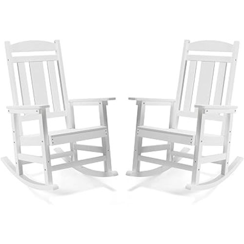 LUE BONA Outdoor Rocking Chairs Set of 2, Weather Resistant HDPS Poly Rocker Chairs, 350lb Heavy Duty, Oversized Porch Rocker for Adult, High Back Smooth Rocking Chair for Outdoor & Indoor, White
