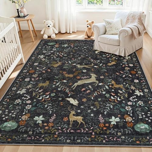 5x7 Area Rugs Boho Floral Washable Living Room Rug Neutral Carpet Nursery | Black, Animal, Bedroom, Farmhouse, Playroom, Kids, Soft, Non-Slip, Non-Shedding, Stain Resistant, Dining Room, Flower, Indoor