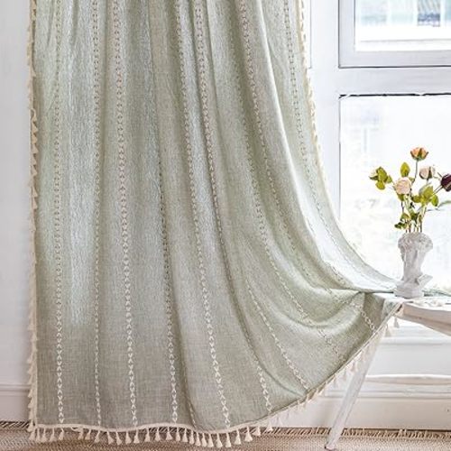 RoomTalks Green Modern Farmhouse Textured Curtains for Bedroom Living Room 72’’L x 52’’W Light Filtering French Country Boho Chic Tassel Window Curtain Panels Striped Bohemian Draperies
