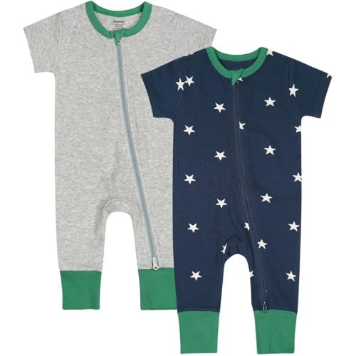 Teach Leanbh Baby Boys Girls 2 Pack 2 Way Zipper Footless Pajamas Cotton Short Sleeve Printing Romper Sleep and Play