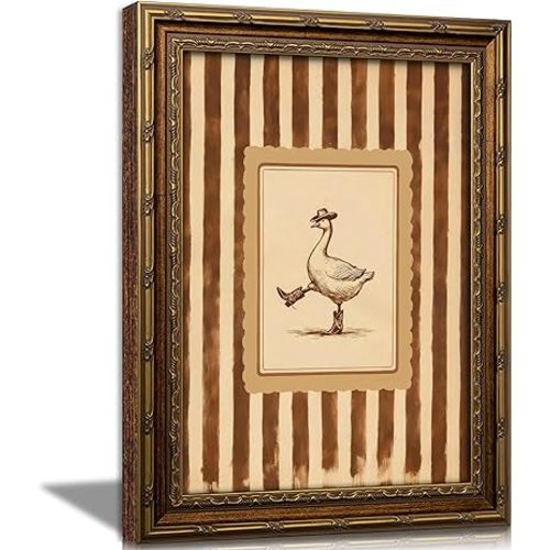 Vintage Gold Framed Western Wall Art Funny Cowboy Silly Goose Painting Canvas Prints Dancing Duck Stripe Picture Poster Rustic Farmhouse Nursery Animal Artwork for Living Room Bedroom Kids Room