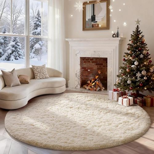 Ophanie Round Rugs 6Ft Ivory Circle Area Rug, Aesthetic Room Decor, Fluffy Fuzzy Bedroom Carpet, Plush Soft Shaggy Cream Living Room Rugs for Kids Home Decor, Nursery