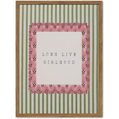 Long Live Girlhood Wall Art Vintage Girl Nursery Wall Decor Picture, Pink and Green Striped Baby Girls Poster Canvas Print Painting Artwork for Living Room Bedroom 12x16 inch Wood Framed